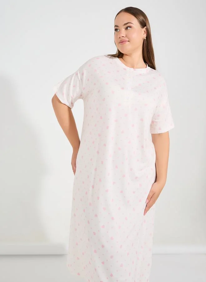 Styli Plus Size Heart & Spot Print Drop Shoulder Night Dress