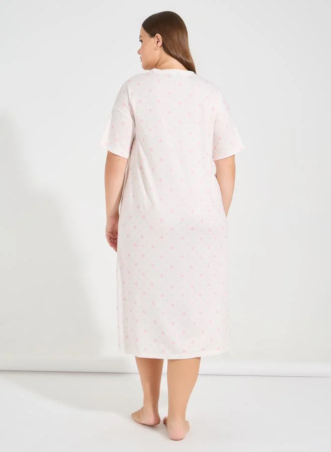 Styli Plus Size Heart & Spot Print Drop Shoulder Night Dress