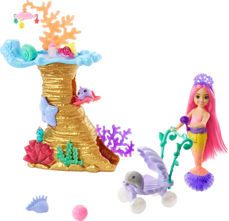 Barbie Chelsea Mermaid Doll with 4 Animal Figures, Coral Reef Playground, Sea Animal Playset with Stroller and Accessories, Ages 3 and Up Hhg58