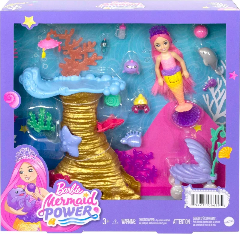 Barbie Chelsea Mermaid Doll with 4 Animal Figures, Coral Reef Playground, Sea Animal Playset with Stroller and Accessories, Ages 3 and Up Hhg58