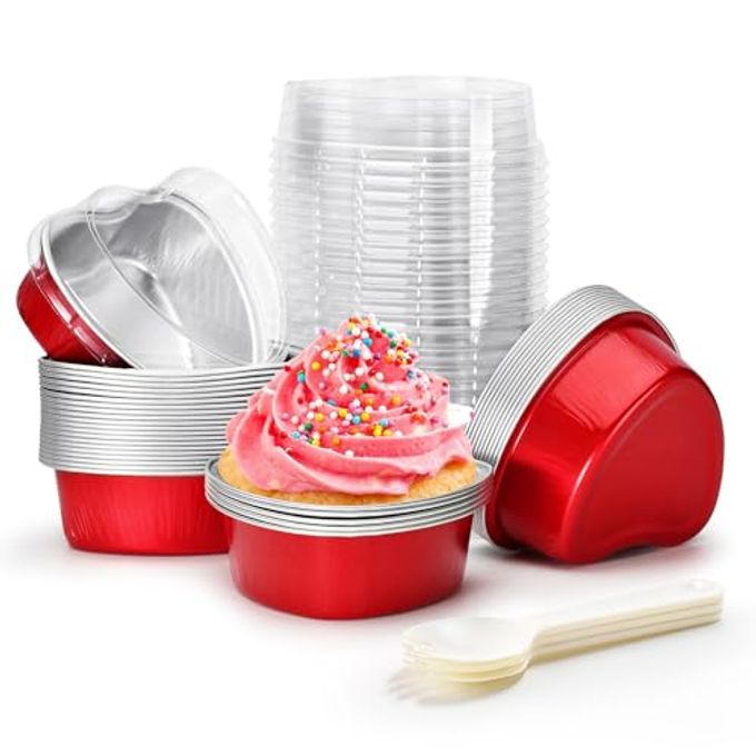 STN Mini Heart Shaped Cake Pans 100 ml/ 3.4 Ounces Heart Aluminum Foil Cupcake Pans 50pcs Valentine's Day Baking Cups With Lids Spoon for Valentine Mother's Day Birthday Wedding (Red) - Image 4