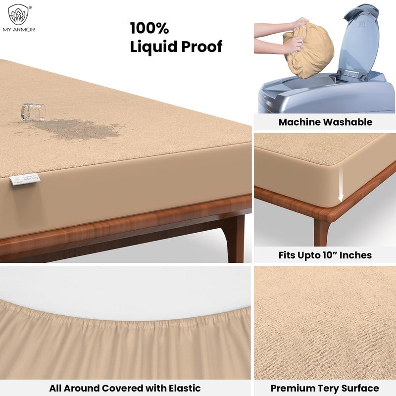 MY ARMOR MY ARMOR Premium Ultra Soft Cotton Mattress Protector/Bed Protector | 100% Waterproof, Breathable, 2 Layer Protection | Washable, Hypoallergenic | Elastic Skirting | Beige, Twin [72" x 72"] - Image 2