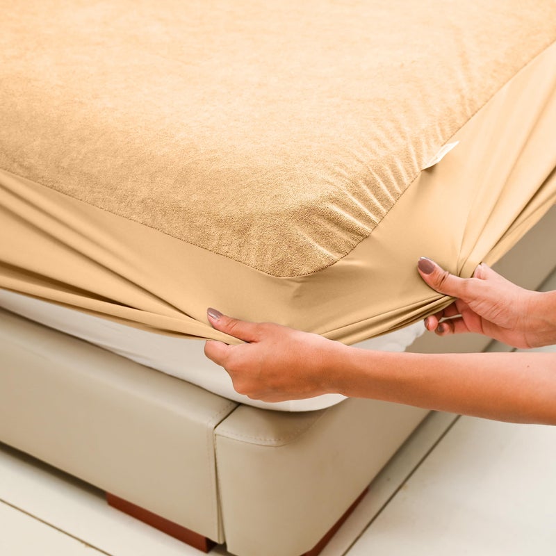 MY ARMOR MY ARMOR Premium Ultra Soft Cotton Mattress Protector/Bed Protector | 100% Waterproof, Breathable, 2 Layer Protection | Washable, Hypoallergenic | Elastic Skirting | Beige, Twin [72" x 72"] - Image 1