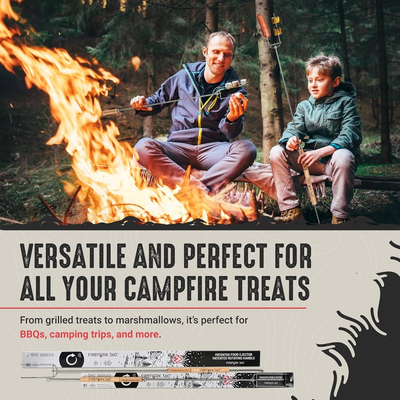FireFork360 Extra Long Cooking Fork with Patented Rotating Handle and Food Ejector. Stainless Steel Camping Forks for Fire Pit, BBQ, Campfire Marshmallow Roasting Sticks, Hot Dogs, S'mores - Image 4
