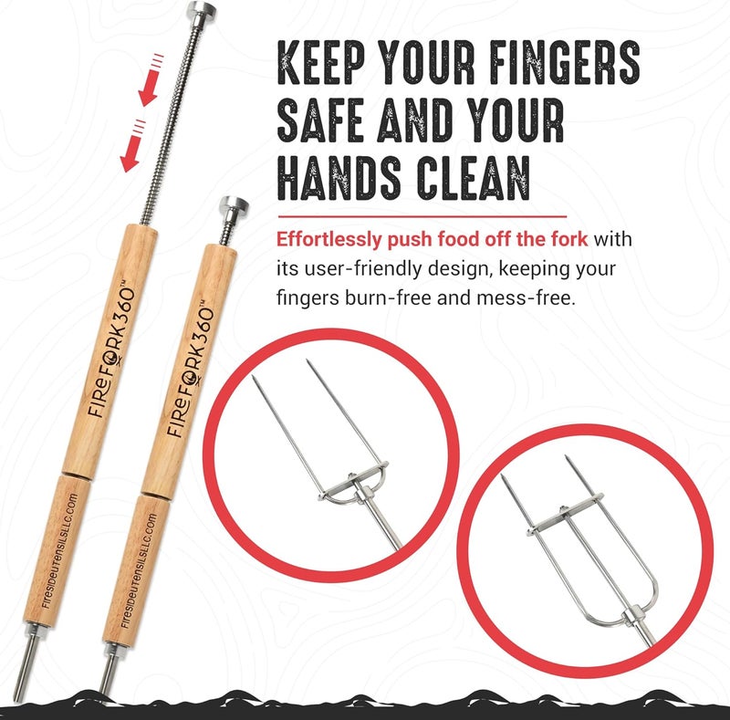 FireFork360 Extra Long Cooking Fork with Patented Rotating Handle and Food Ejector. Stainless Steel Camping Forks for Fire Pit, BBQ, Campfire Marshmallow Roasting Sticks, Hot Dogs, S'mores - Image 3