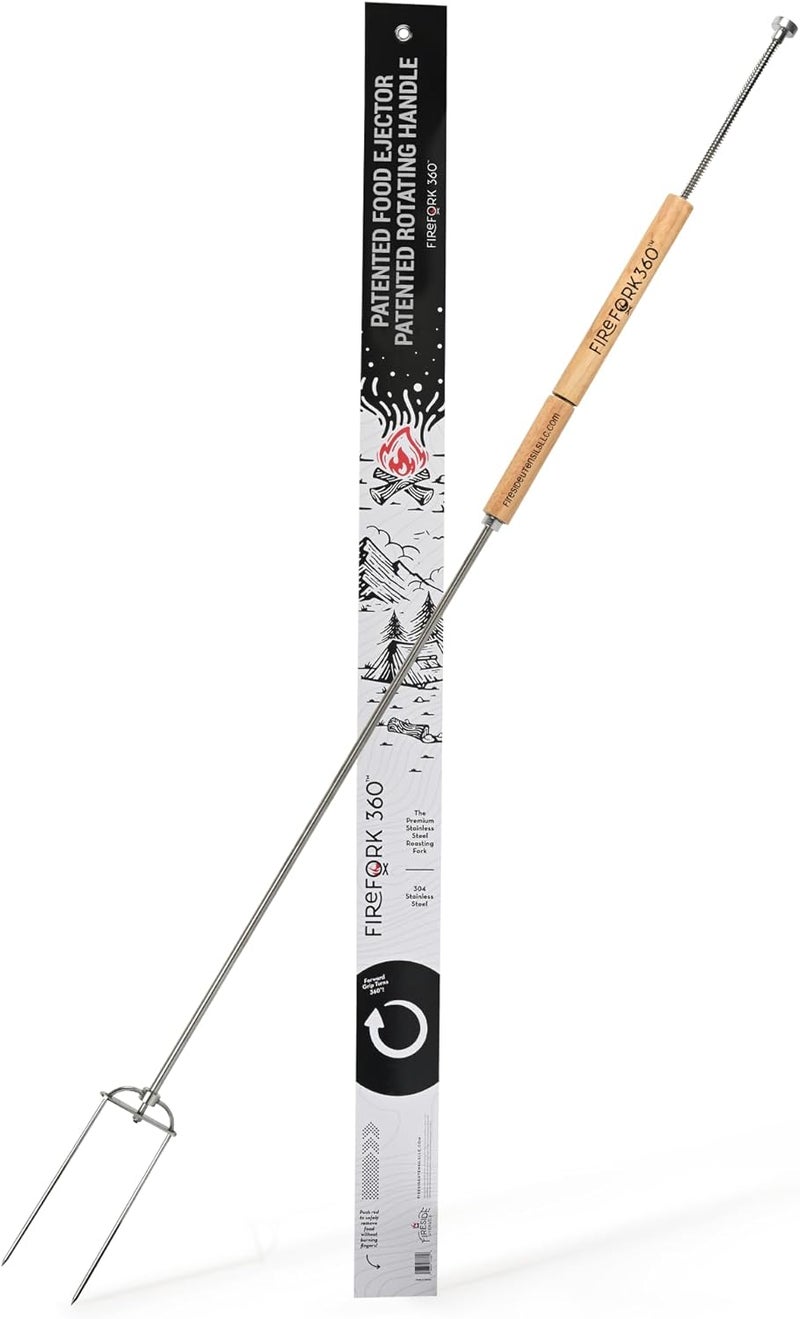 FireFork360 Extra Long Cooking Fork with Patented Rotating Handle and Food Ejector. Stainless Steel Camping Forks for Fire Pit, BBQ, Campfire Marshmallow Roasting Sticks, Hot Dogs, S'mores - Image 1