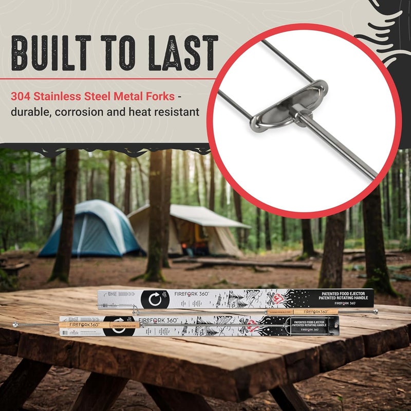 FireFork360 Extra Long Cooking Fork with Patented Rotating Handle and Food Ejector. Stainless Steel Camping Forks for Fire Pit, BBQ, Campfire Marshmallow Roasting Sticks, Hot Dogs, S'mores - Image 5