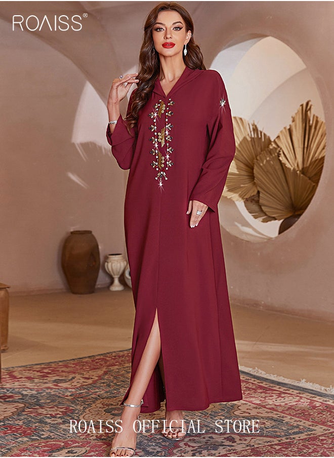 roaiss Women Luxury Hooded Maxi Dresses Modern Stylish Abaya Hand Sewn Drill Beading Dress Middle East Arabic Banquet Wedding Party Dress Long Sleeve All Season Women's Clothing Wine Red  - Image 3