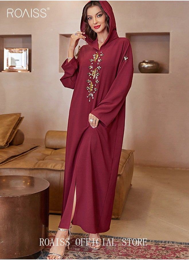 roaiss Women Luxury Hooded Maxi Dresses Modern Stylish Abaya Hand Sewn Drill Beading Dress Middle East Arabic Banquet Wedding Party Dress Long Sleeve All Season Women's Clothing Wine Red  - Image 4