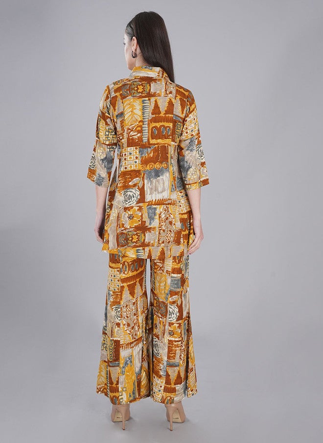 FIMS فستان ماكسي أصفر بتصميم تجريدي مع بنطلون بالازو - Image 5