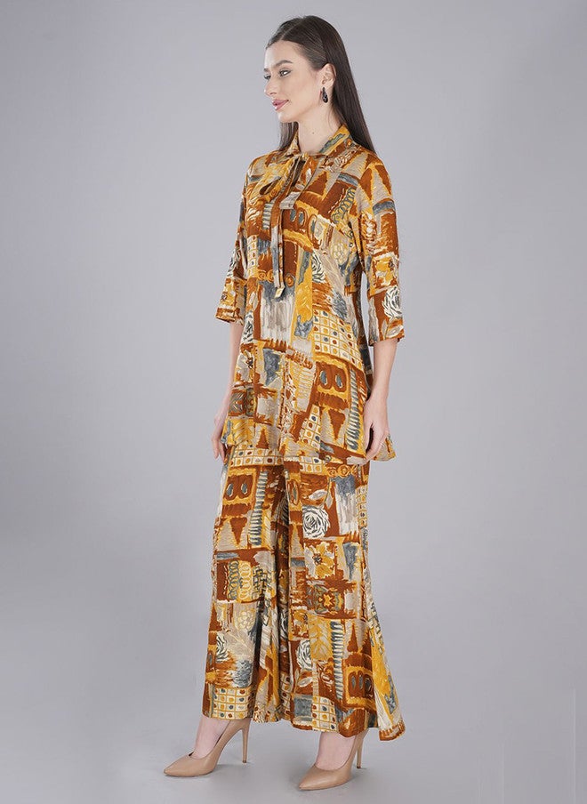 FIMS فستان ماكسي أصفر بتصميم تجريدي مع بنطلون بالازو - Image 4