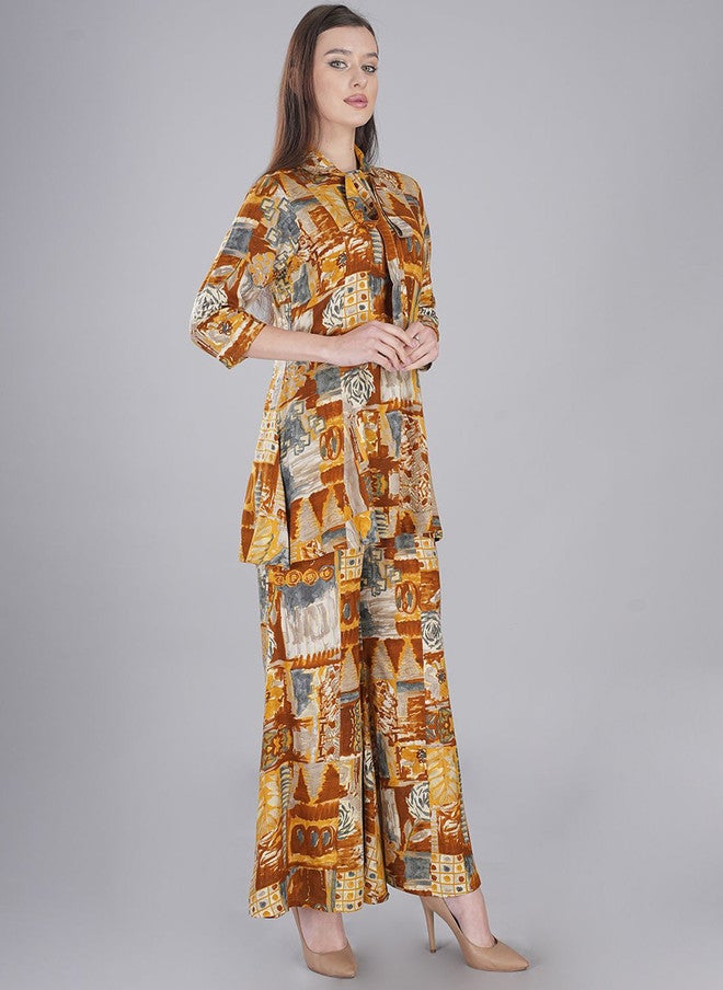 FIMS فستان ماكسي أصفر بتصميم تجريدي مع بنطلون بالازو - Image 3