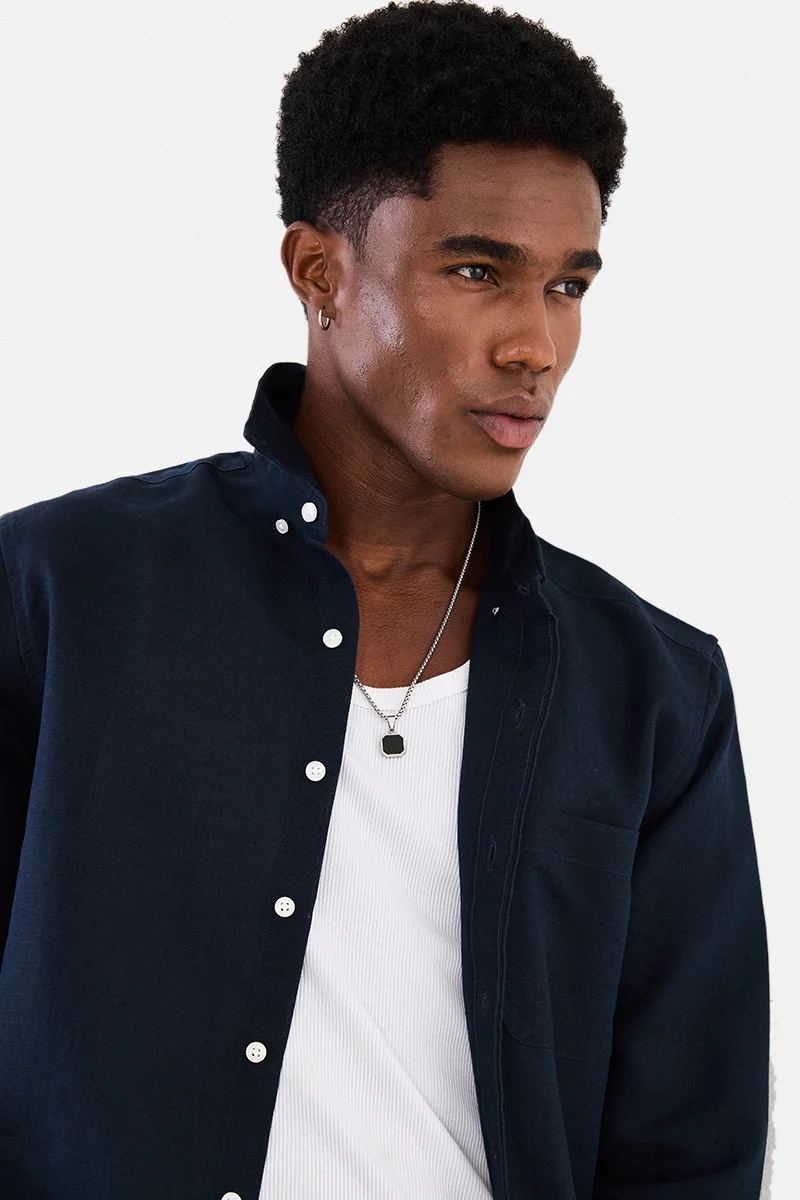 SNITCH Navy Blue Navy Blue Solid Long Sleeve Regular Fit Casual Shirt for Men | Best Price UAE