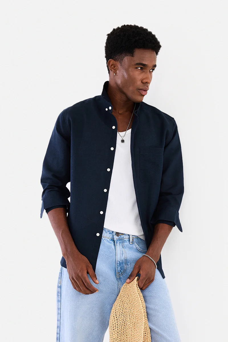 سنيتش Navy Blue Solid Long Sleeve Regular Fit Casual Shirt