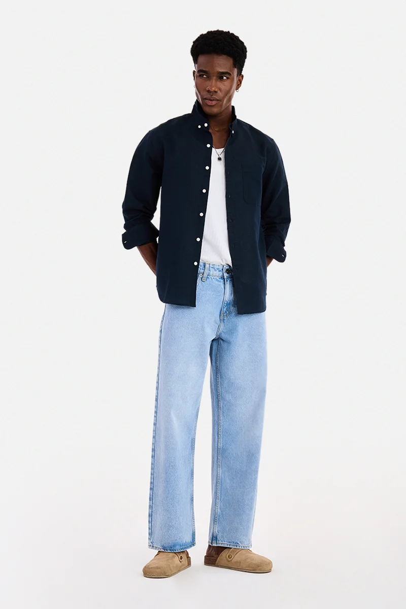 سنيتش Navy Blue Solid Long Sleeve Regular Fit Casual Shirt