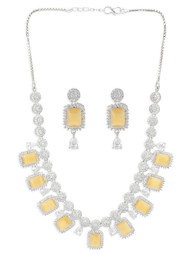 VOYLLA CZ Silver Plated Pearl Brass Necklace Set with Yellow Stone - Image 2