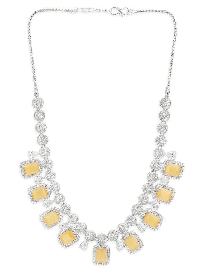 VOYLLA CZ Silver Plated Pearl Brass Necklace Set with Yellow Stone - Image 3
