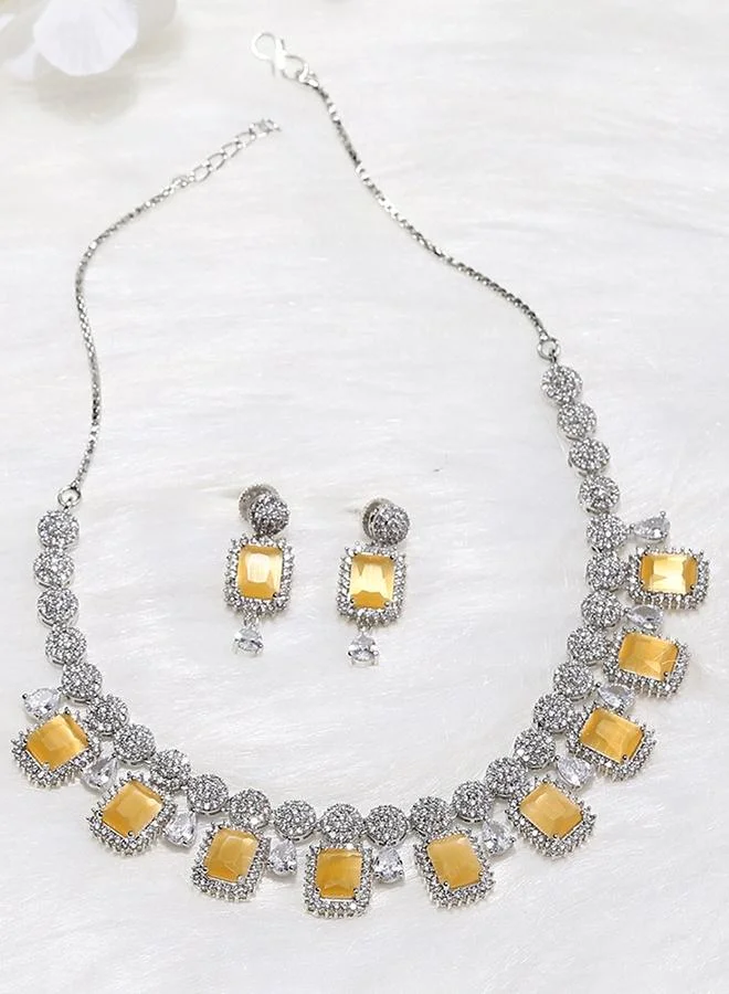 VOYLLA CZ Silver Plated Pearl Brass Necklace Set with Yellow Stone