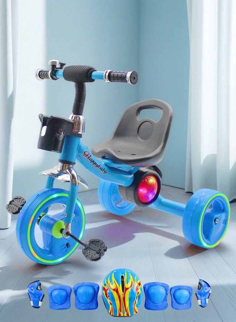 EASY FUTURE Toddler Baby Tricycle Bicycle Toy Ride-On with Fun Lights, Music & Basket (Available in Blue, Red, Pink) Package Include Full Protective Gear Set - Image 1