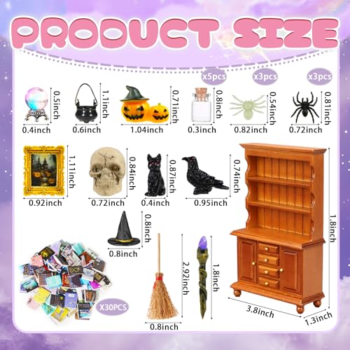 Rileryan 53 Pcs 112 Scale Magic Witchy Mini House Kit Halloween Miniatures Accessories Wooden Furnitures Bookshelf Bookcase 30 Mini Books Halloween Decoration - Image 5