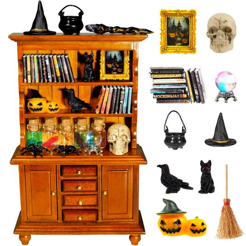 Rileryan 53 Pcs 112 Scale Magic Witchy Mini House Kit Halloween Miniatures Accessories Wooden Furnitures Bookshelf Bookcase 30 Mini Books Halloween Decoration - Image 3