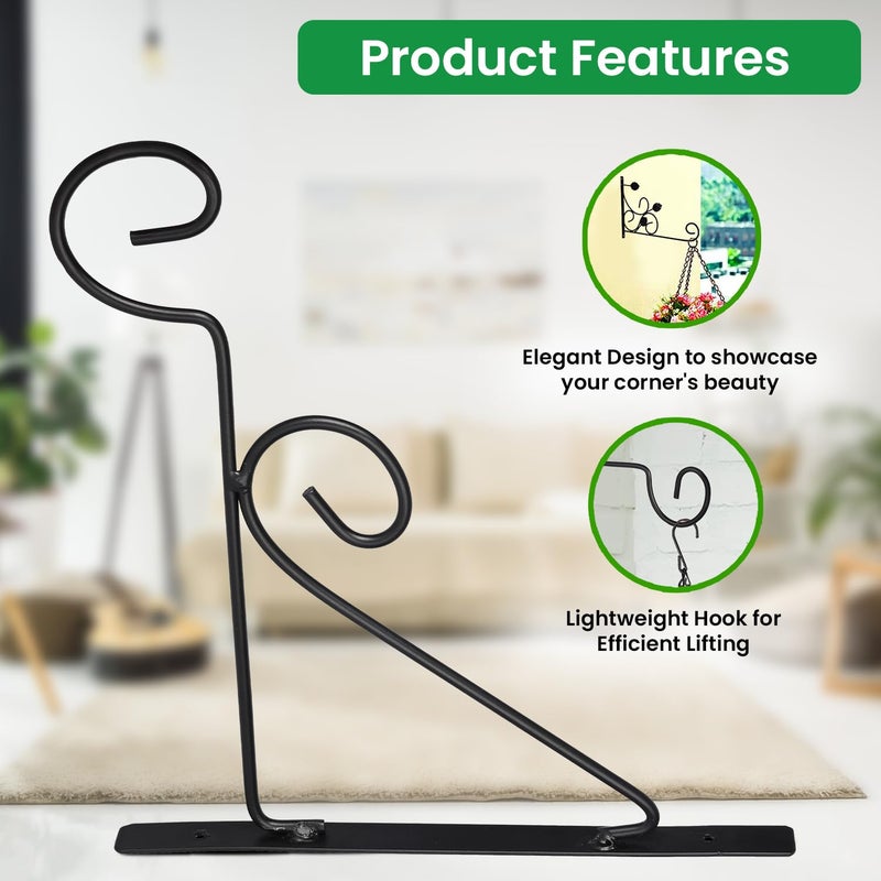 ORILEY خطاف حائط معدني مزخرف لتعليق النباتات - حامل مستقيم للأصص، مغذيات الطيور، الفوانيس، وأجراس الرياح - ديكور داخلي وخارجي للمنزل، الشرفة، الحديقة (أسود - مجموعة من 2) - Image 2