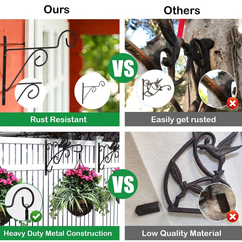 ORILEY خطاف حائط معدني مزخرف لتعليق النباتات - حامل مستقيم للأصص، مغذيات الطيور، الفوانيس، وأجراس الرياح - ديكور داخلي وخارجي للمنزل، الشرفة، الحديقة (أسود - مجموعة من 2) - Image 5