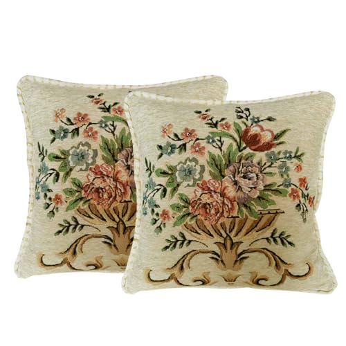 Qupace Set of 2 Beige Vintage Throw Pillows Covers 18x18in，Floral Embroidered Cushion Cover for Sofa Bedroom，Euro Sham Covers Retro Home Decor Pillows Covers - Image 1