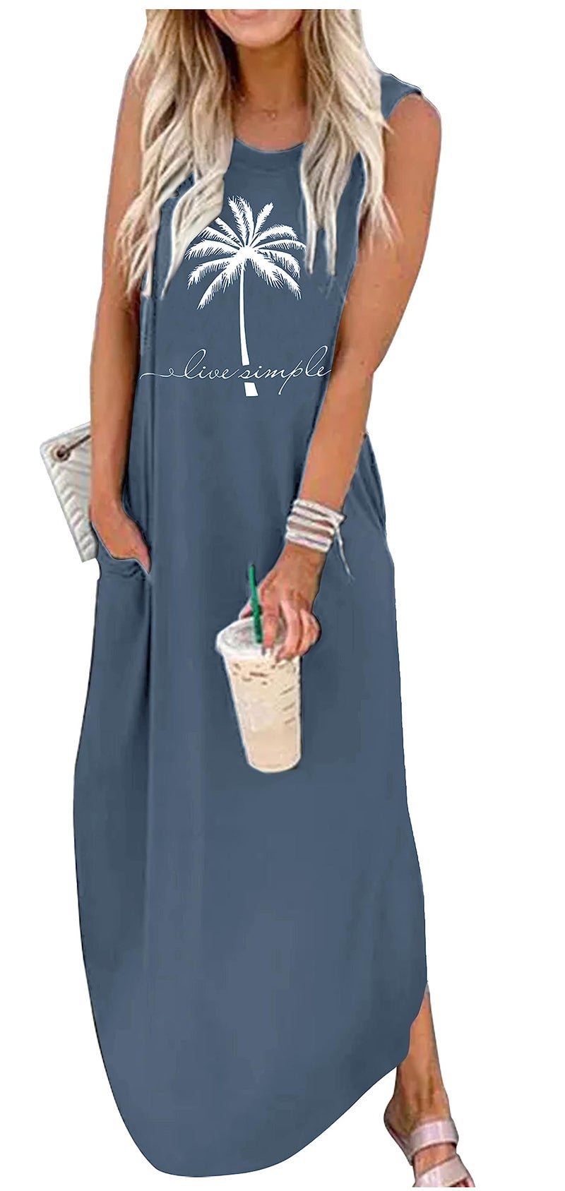 Live Simple Coconut Tree Sleeveless Maxi Dress for Women Casual Loose Long Sundress Summer Beach Maxi Dress with PocketsLife Blue04XLarge