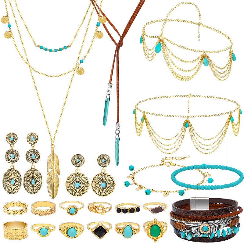 NEWITIN 23 Pieces Gold Bohemian Jewelry Set for Women Fashion Costume Jewels Turquoise Necklace Bracelet Ring Belt Chain Head Chain Earrings Western Turquoise Jewelry Set for Women - Image 1