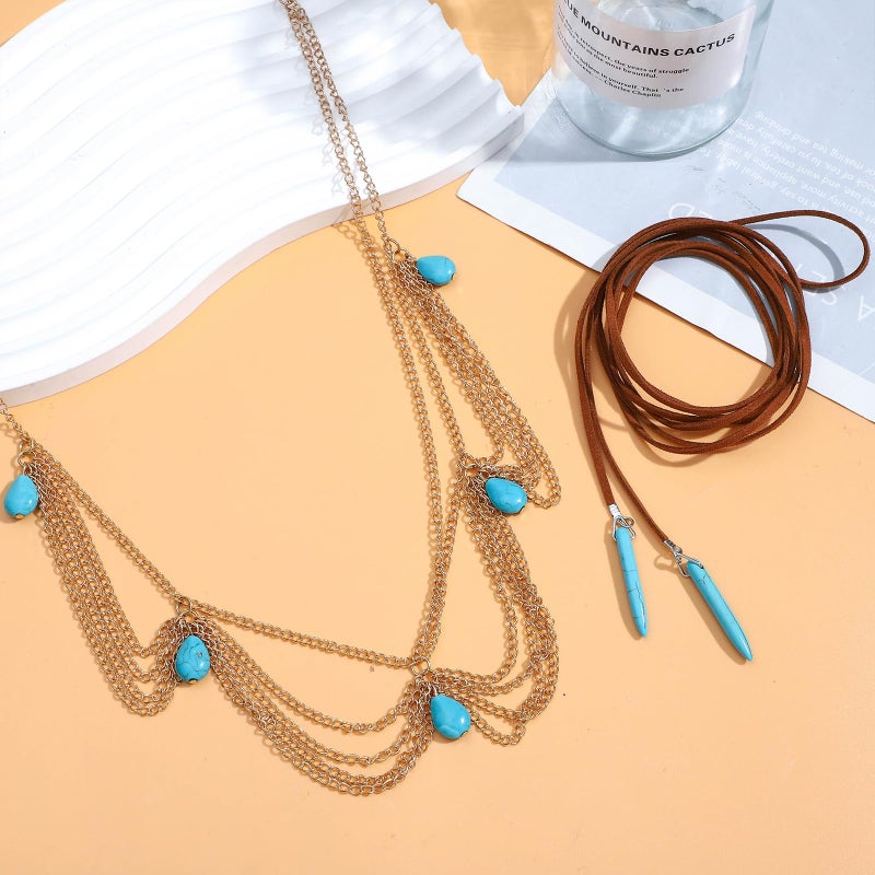 NEWITIN 23 Pieces Gold Bohemian Jewelry Set for Women Fashion Costume Jewels Turquoise Necklace Bracelet Ring Belt Chain Head Chain Earrings Western Turquoise Jewelry Set for Women - Image 3