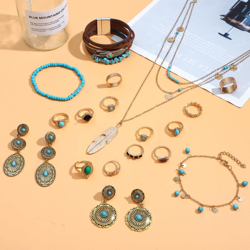NEWITIN 23 Pieces Gold Bohemian Jewelry Set for Women Fashion Costume Jewels Turquoise Necklace Bracelet Ring Belt Chain Head Chain Earrings Western Turquoise Jewelry Set for Women - Image 2