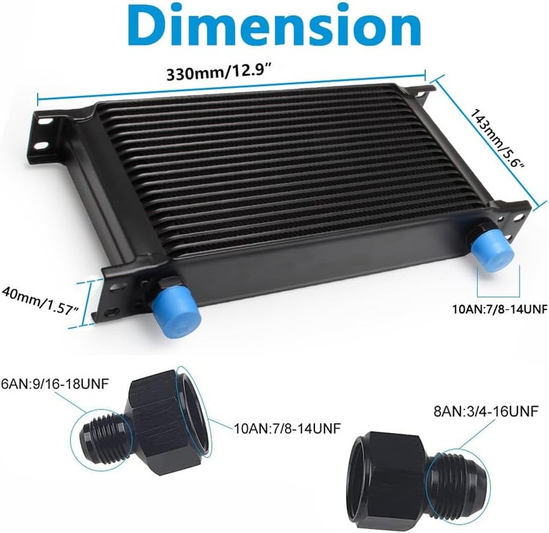 HTRACING 19 Row AN10 10AN Transmission Oil Cooler Kit Stacked Plate With 6AN 8AN Adapter Universal Engine Transmission British Radiator Oil Cooler Condenser Aluminium Alloy Black - Image 2