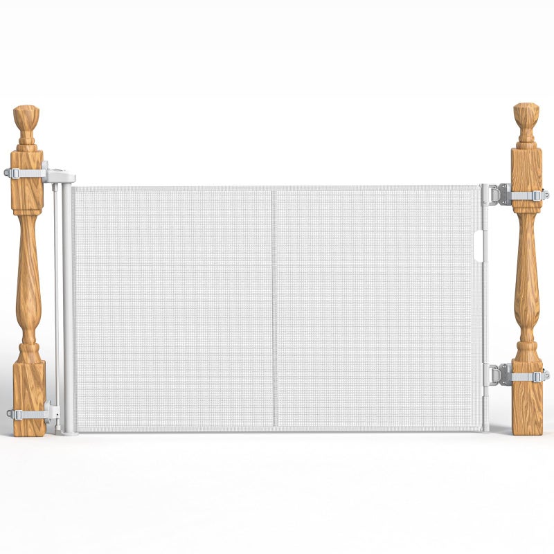 Bingguz Upgraded Retractable Baby Gates for Stairs & Banister, Mesh Dog Gate Indoor, Extends to 55" Wide 33" Tall, Child Safety Gate for Stairway, Banister & Wall Mount (White) - Image 1