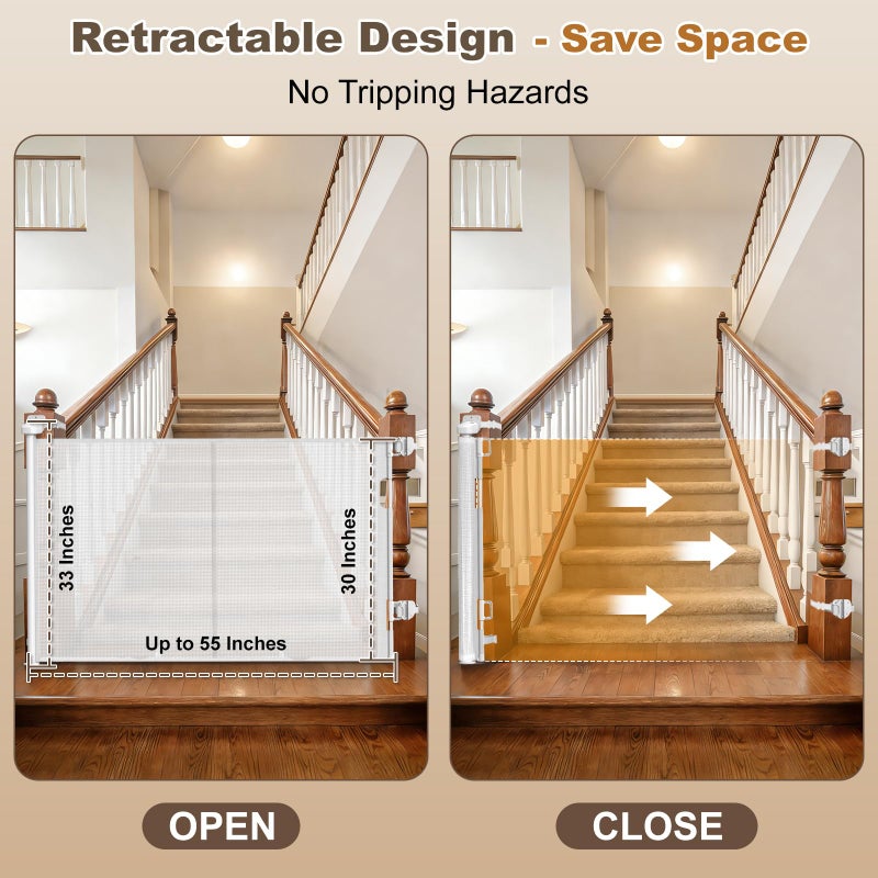 Bingguz Upgraded Retractable Baby Gates for Stairs & Banister, Mesh Dog Gate Indoor, Extends to 55" Wide 33" Tall, Child Safety Gate for Stairway, Banister & Wall Mount (White) - Image 4