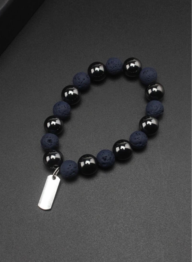 إنسباير اسوارة رجالية مصنوعة من الحجر البركاني الازرق الطبيعي النادر وحجر الهيماتيت الاسود - Image 3