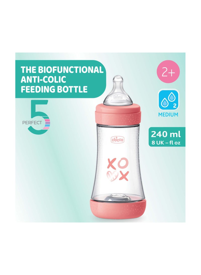 Chicco Chicco Perfect 5 Feeding Bottle 240ml Medium Flow 2m+ Silicone, Pink  - Image 2