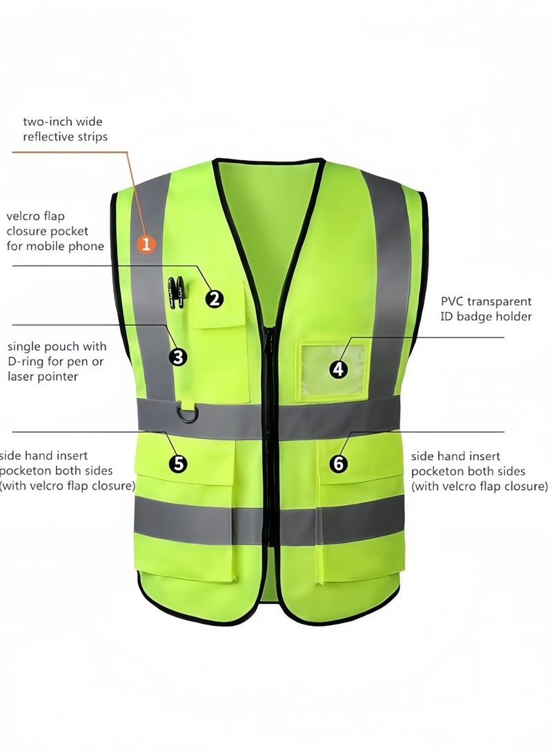 سترات أمان عاكسة مع جيوب وسحاب، سترة أمان أمامية بسحاب عالي الوضوح مع شرائط عاكسة، صفراء عالية الوضوح بزاوية 360 درجة - Image 2