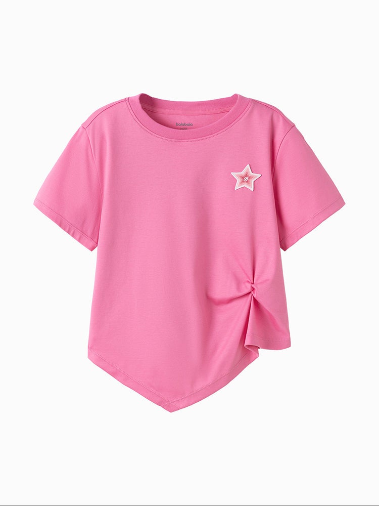 بالابالا تيشيرت بتصميم غير متماثل وشفرة تطريز أمامية للبنات - Image 1