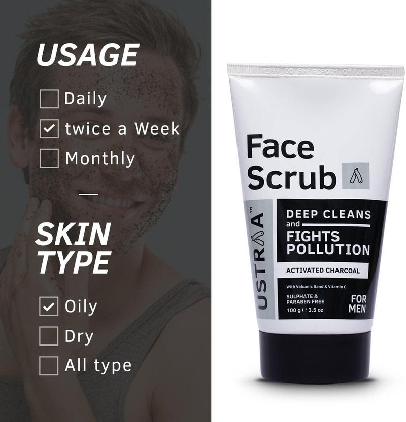 Ustraa Face Scrub for Men 100g–Activated Charcoal, Tahitian Volcanic Sand & Walnut Granules–Deep Cleansing, Exfoliating & Detox Face Scrub for Blackheads, Dead Skin & Pollution Control – For All Skin - Image 4