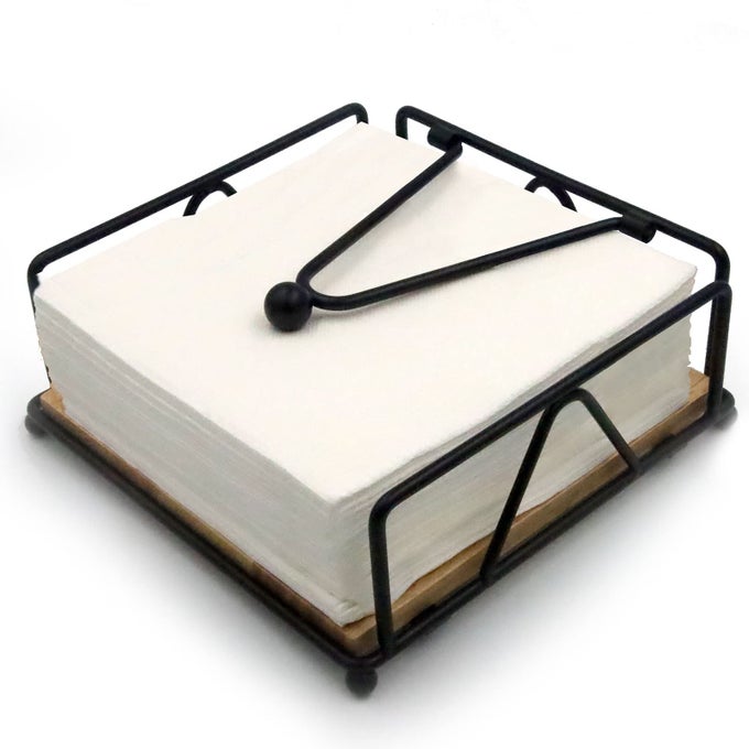 NAPKIN HOLDER FOR TABLE METAL AND WOOD NAPKIN HOLDER STANDING NAPKIN HOLDERS FOR PAPER NAPKINS FOR KITCHEN COUNTER DINING TABLE 7 X 7BLACK