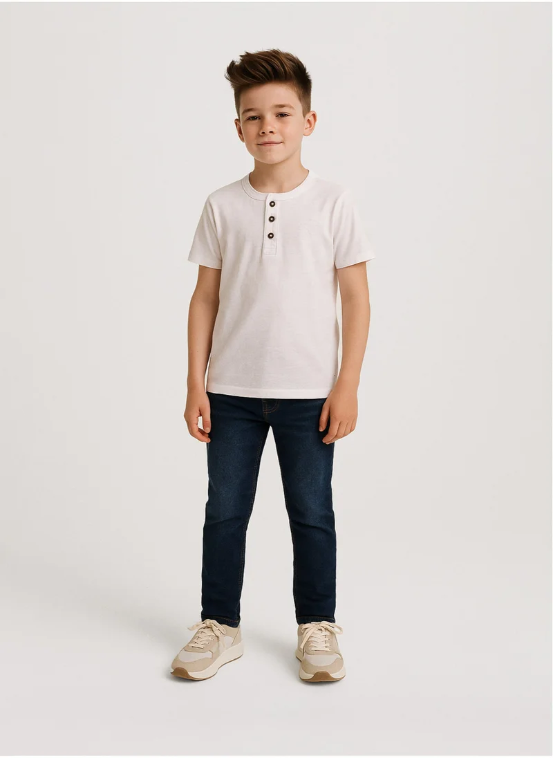 MINOTI Teen Henley T-Shirt with Short Sleeves and Button Neckline