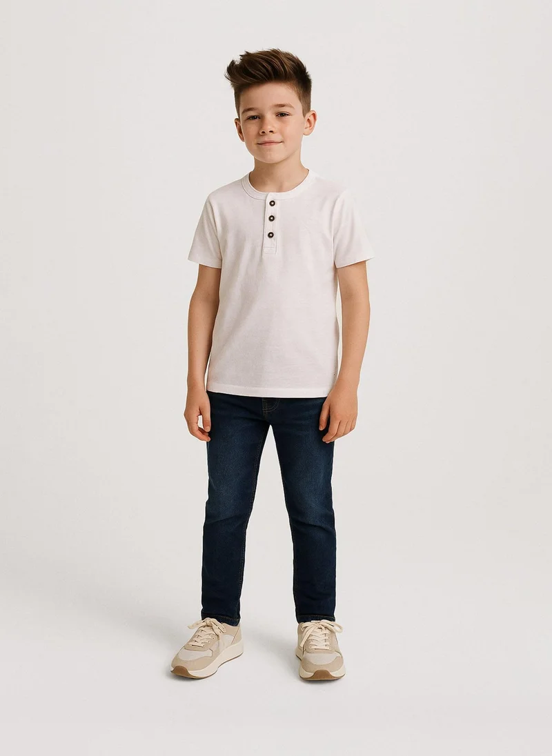 MINOTI Teen Henley T-Shirt with Short Sleeves and Button Neckline