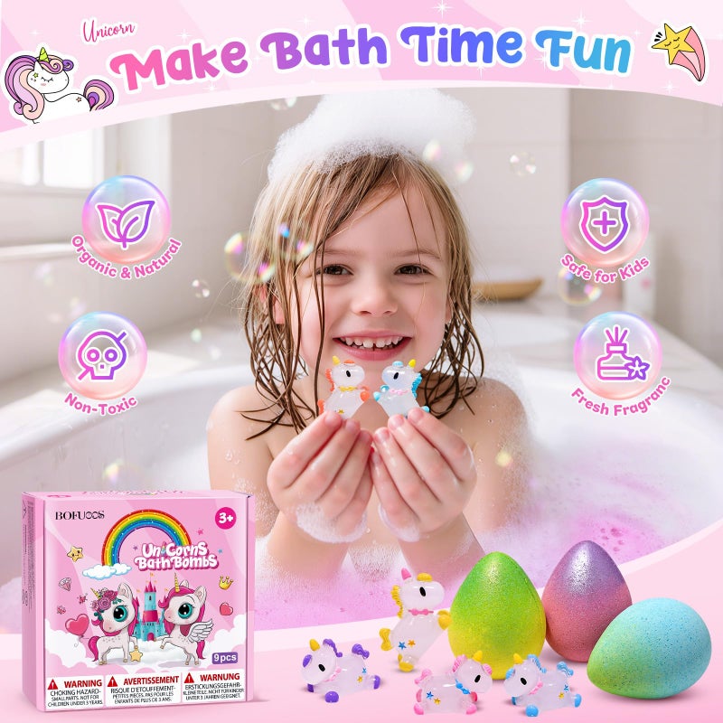 Bofuoos Unicorn Bath Bombs with Surprise Toys Inside, Birthday Easter Gifts for Girls, 9 Packs Bubble Bath Bomb for Kids Girls, Easter Basket Stuffers (36+ Months) - Image 3