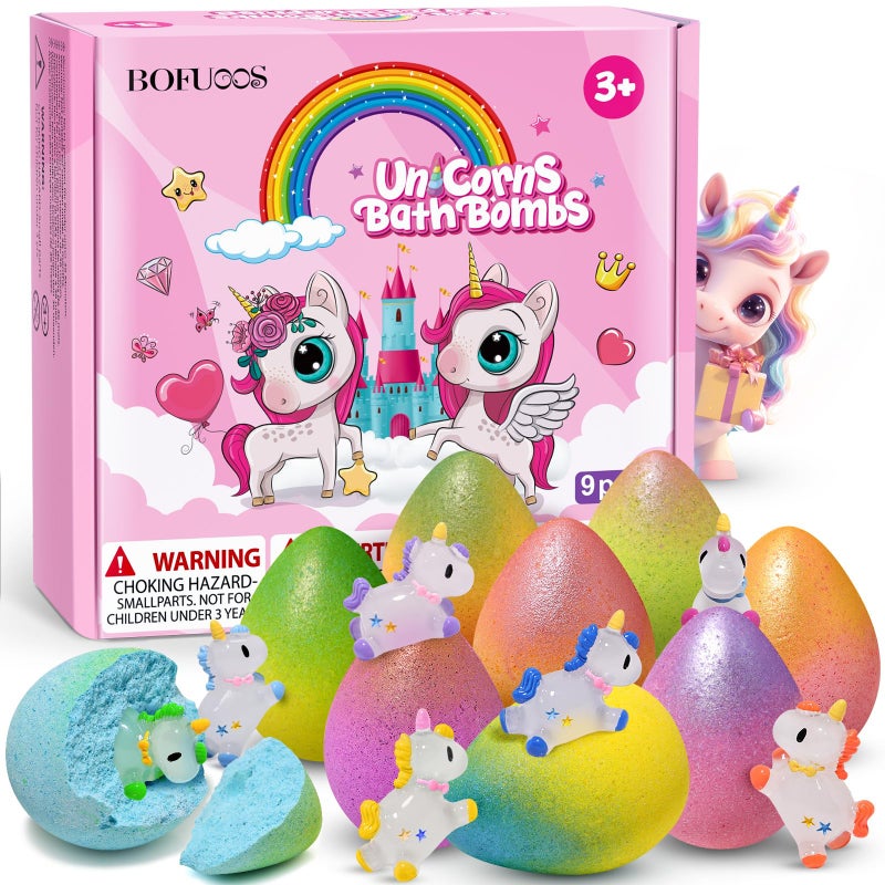 Bofuoos Unicorn Bath Bombs with Surprise Toys Inside, Birthday Easter Gifts for Girls, 9 Packs Bubble Bath Bomb for Kids Girls, Easter Basket Stuffers (36+ Months) - Image 1