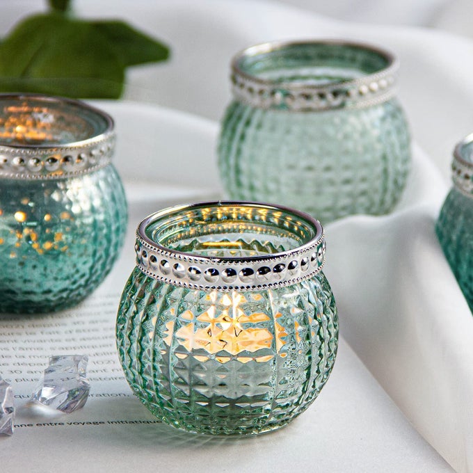 SMALL GLASS VOTIVES SET OF 12 23 TEALIGHT CANDLE HOLDERS IN BULK VINTAGE BOHO GLASS CANDLE HOLDERS FOR TABLE CENTERPIECE WEDDING HOME DECOR AND HOLIDAY DECOR MINT GREEN