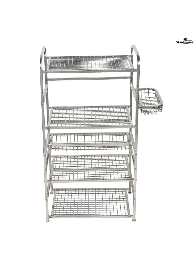 Palomino - Palomino Stainless Steel Space Saver Kitchen Rack Stand for Microwave Oven Utensil Organizer Cutlery Storage Multipurpose Rack Stand for Home with Extra Hooks (Silver) (5 Shelf) (Large) - Image 1