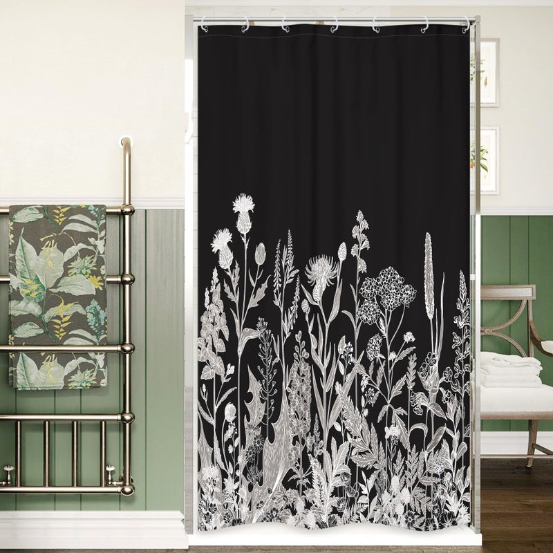 Riyidecor Small Stall Wildflower Plant Shower Curtain 36Wx72H Inch Black Background Botanical Floral Border Herbs Leaves Decor Nature Vintage Bathroom Fabric Polyester Waterproof 7 Pack Plastic Hooks
