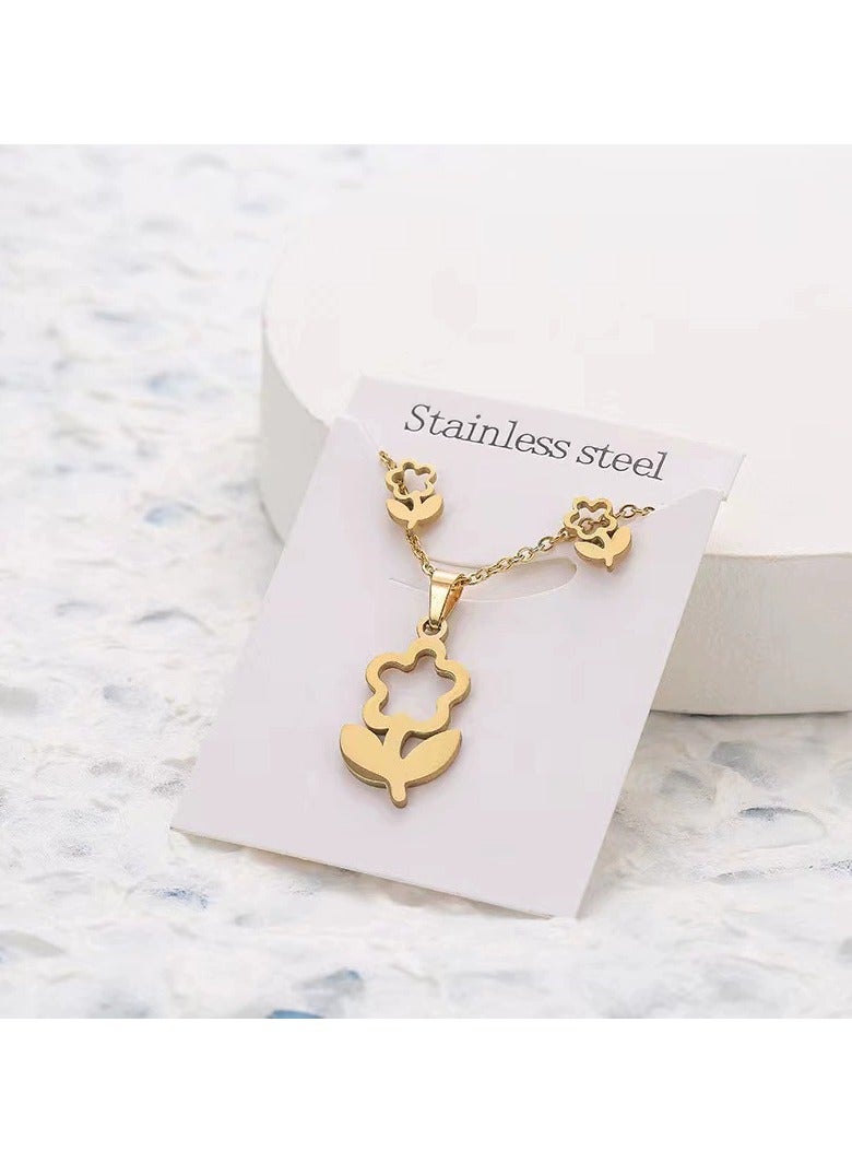 Goolsky Minimalist Floral Stainless Steel Jewelry Set – 3PCS Earrings & Necklace, Delicate Gift for Women’s Daily Wear