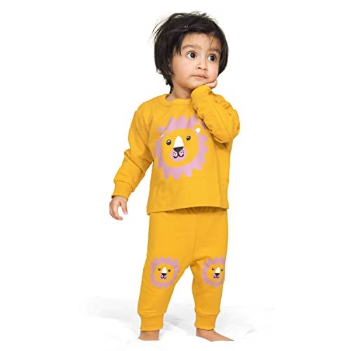 ARIEL Cotton Fleece Pajama Set For Boys & Girls - Unisex Winter Clothing Sets Full Sleeve T-Shirt & Pant, Yellow Lion, 6 Months-9 Months - Image 4